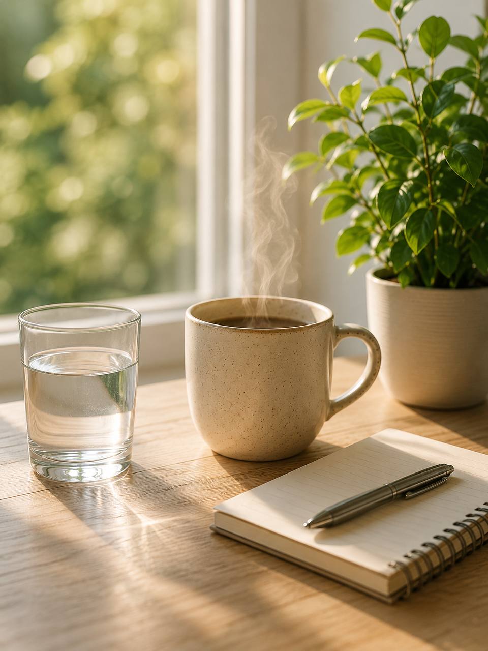 Wasserglas und dampfende Tasse im Morgenlicht